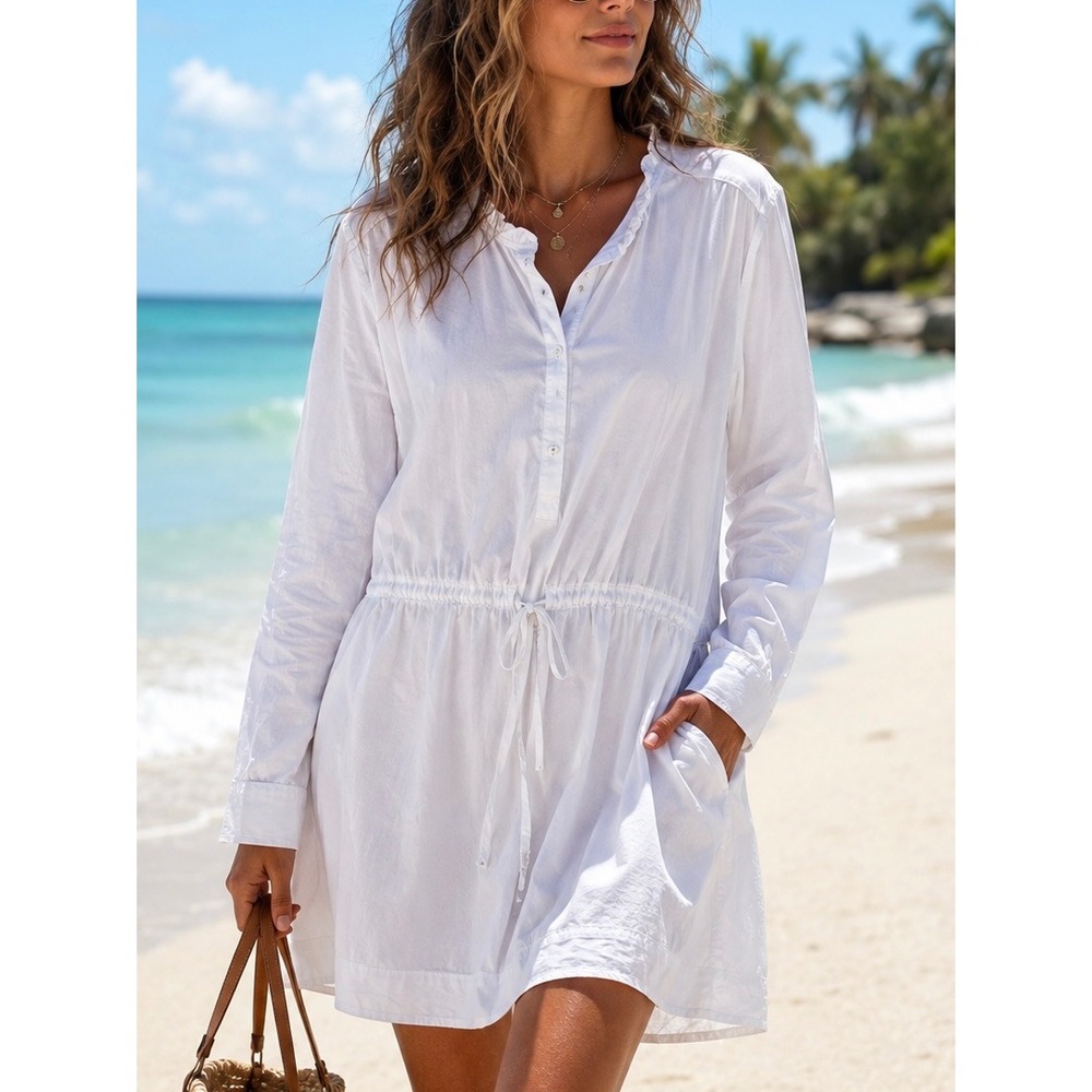Free Assembly Womens White Cotton Ruffle Henley Drawstring Dress XL FWWD00362